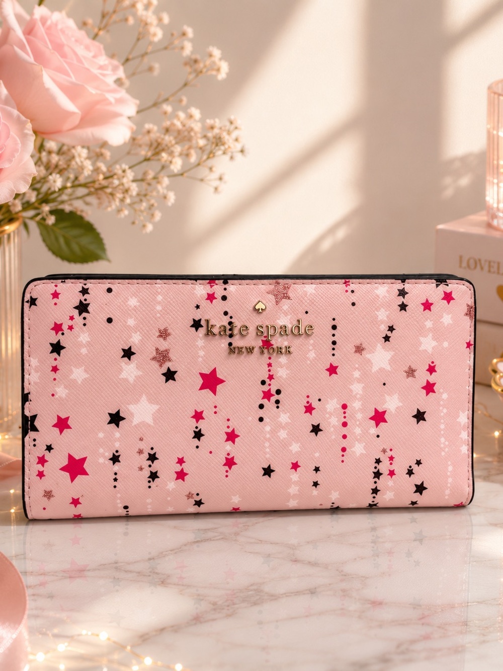 Kate Spade wallet Twinkle Star Printed large bifold slim Purse Pink EUC